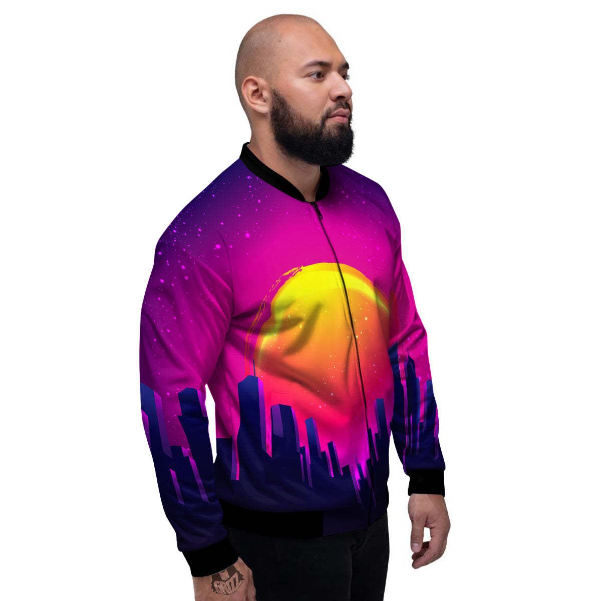 Retro City Sunrise Print Men's Bomber Jacket-grizzshop