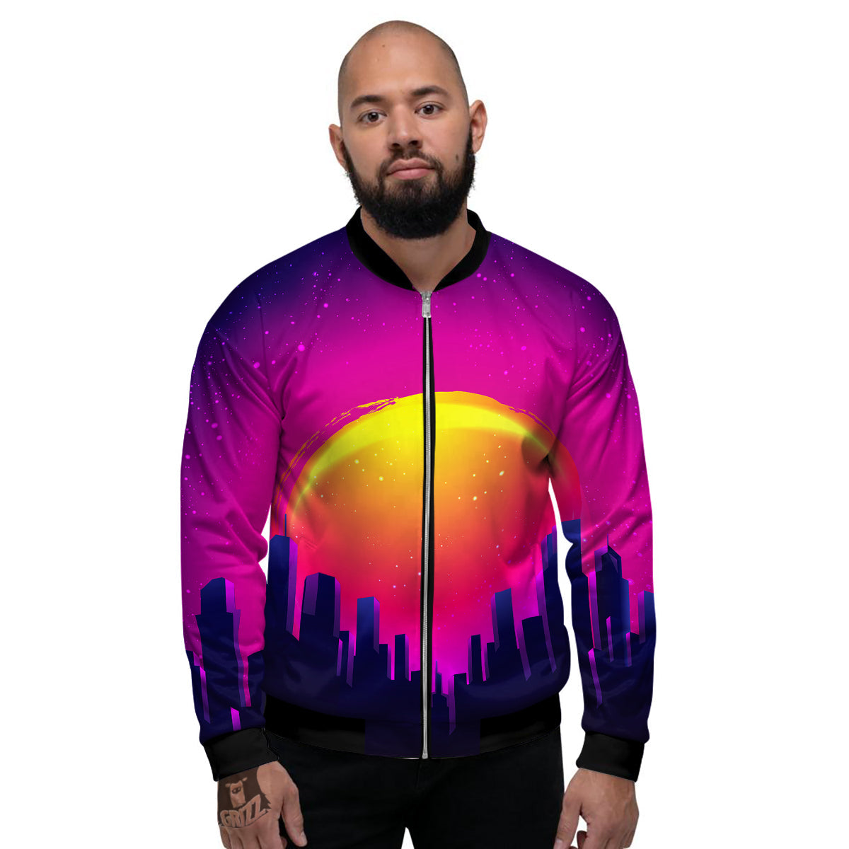 Retro City Sunrise Print Men's Bomber Jacket-grizzshop