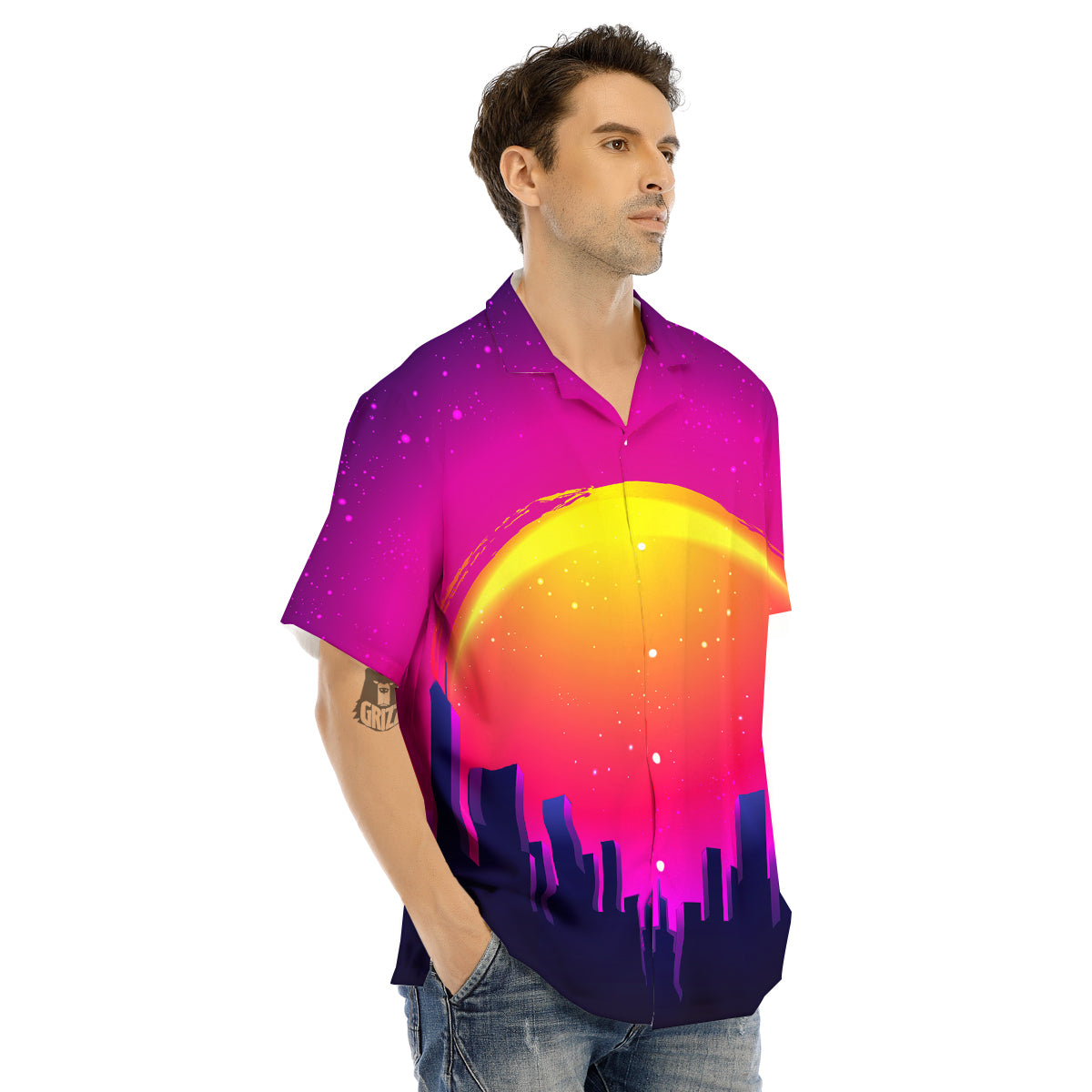Retro City Sunrise Print Men's Hawaiian Shirt-grizzshop