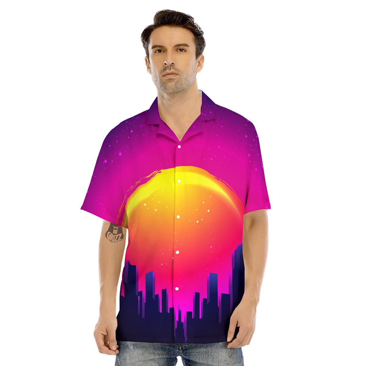 Retro City Sunrise Print Men's Hawaiian Shirt-grizzshop