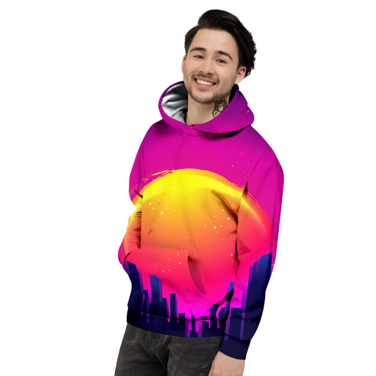 Retro City Sunrise Print Men's Hoodie-grizzshop