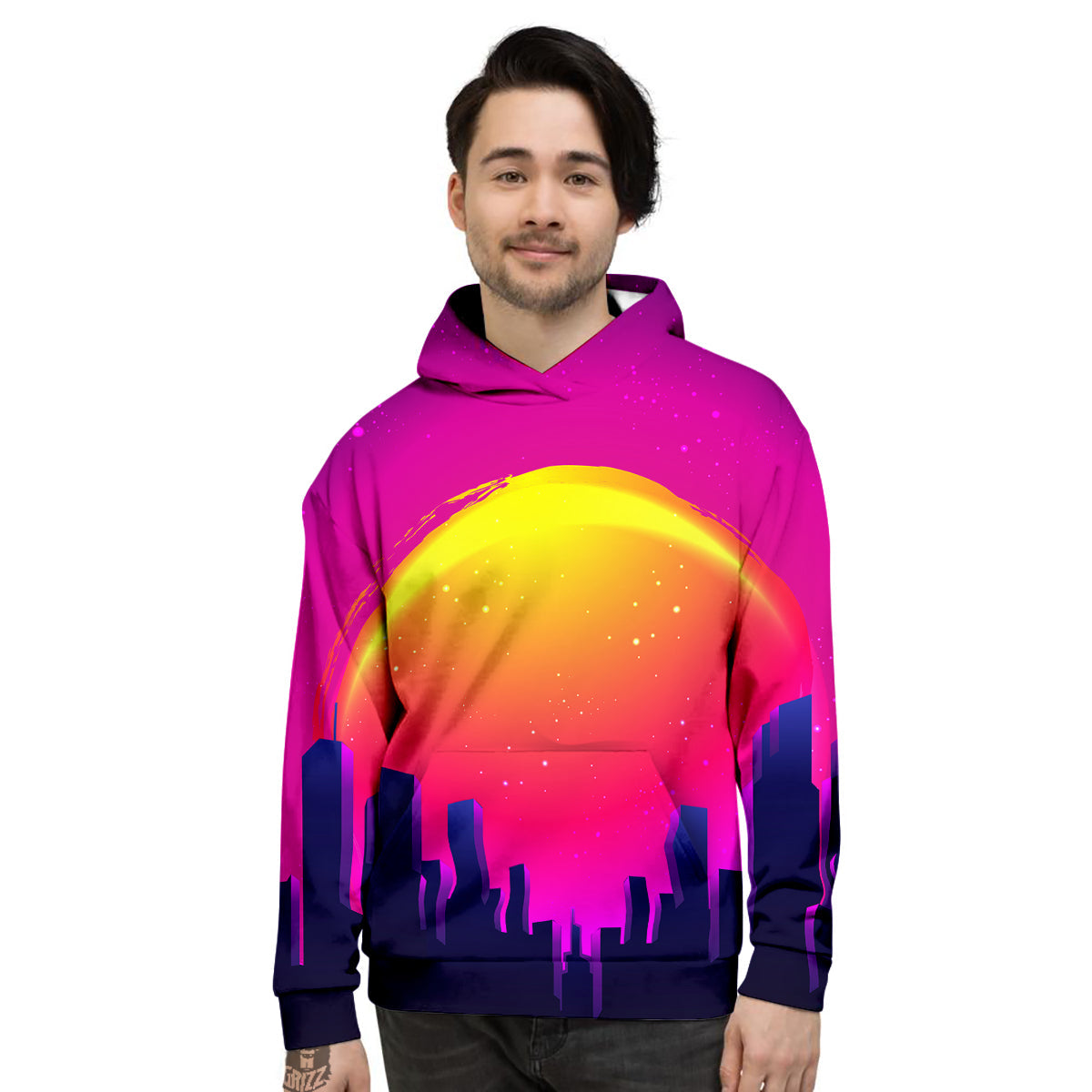 Retro City Sunrise Print Men's Hoodie-grizzshop