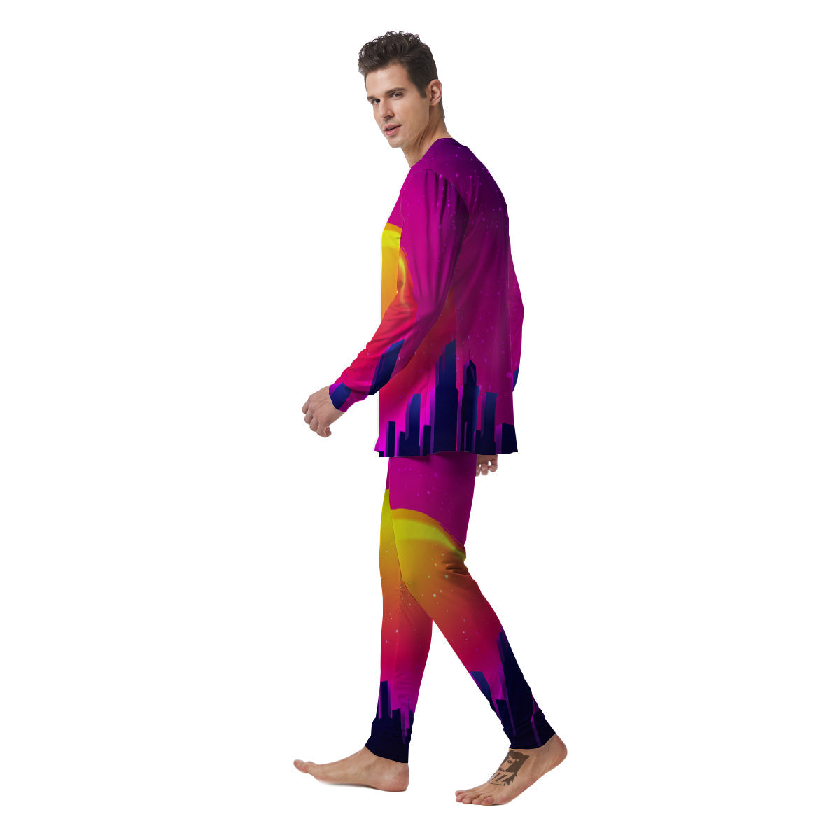 Retro City Sunrise Print Men's Pajamas-grizzshop