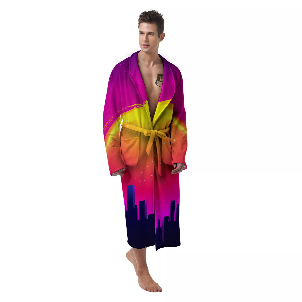 Retro City Sunrise Print Men's Robe-grizzshop