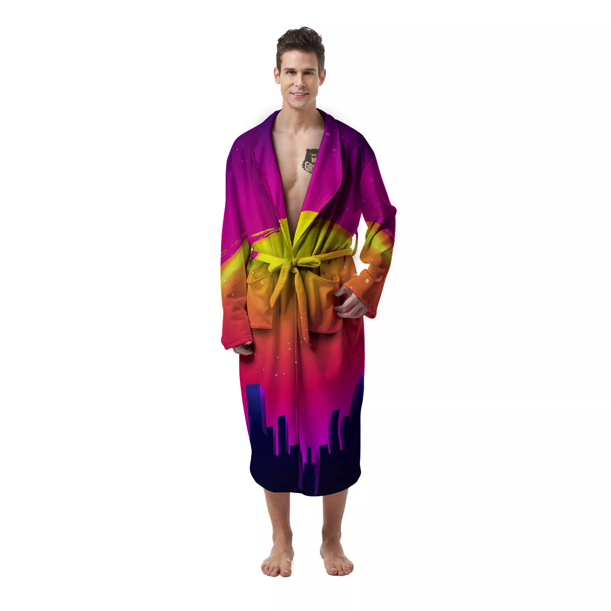 Retro City Sunrise Print Men's Robe-grizzshop