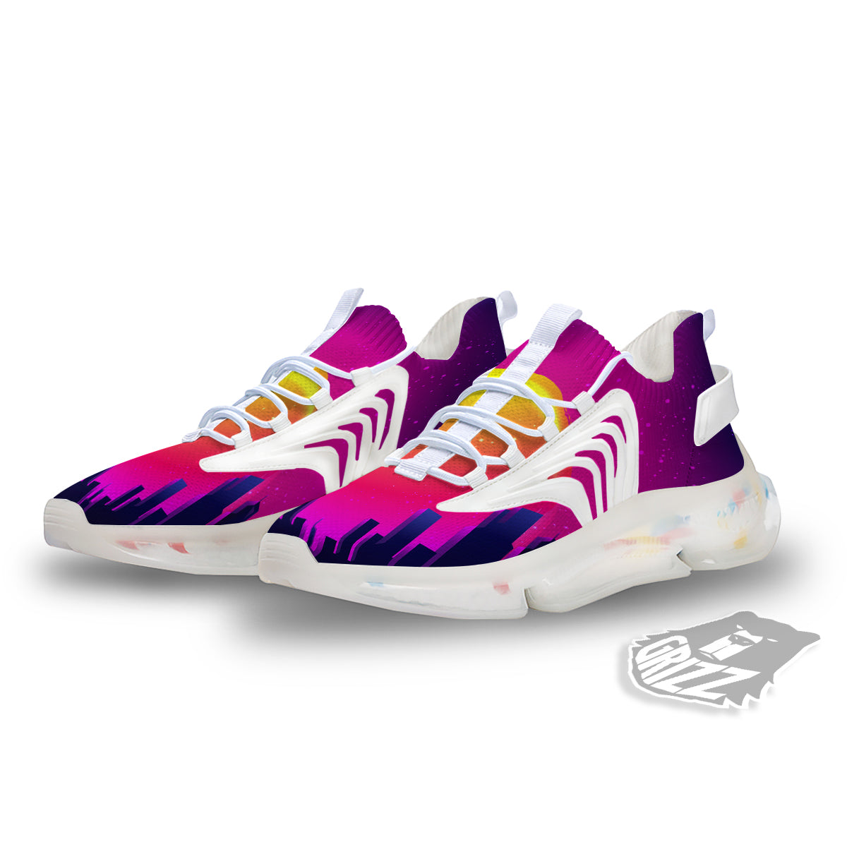 Retro City Sunrise Print White Gym Shoes-grizzshop