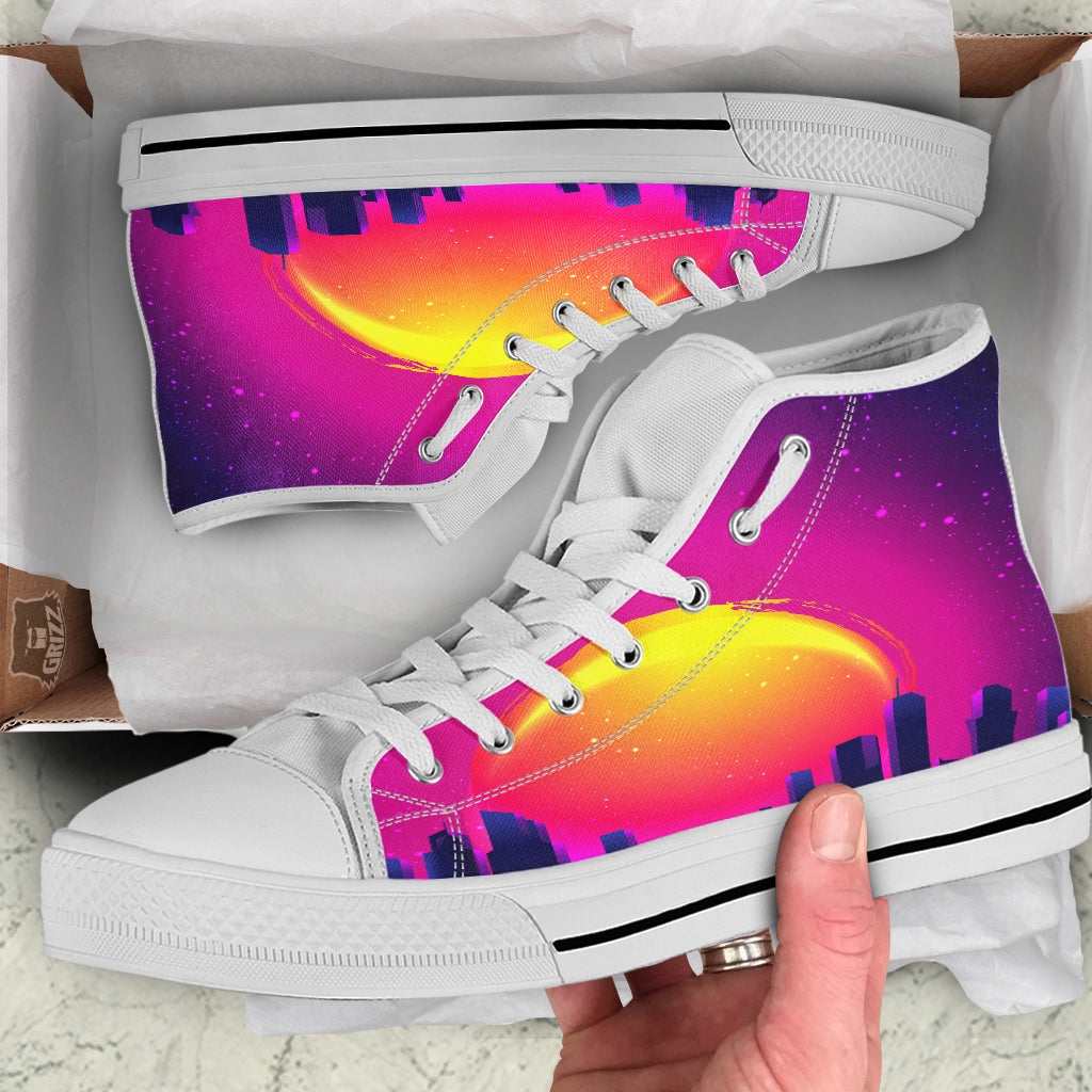 Retro City Sunrise Print White High Top Shoes-grizzshop