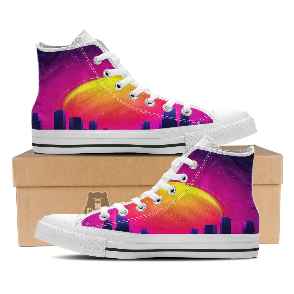 Retro City Sunrise Print White High Top Shoes-grizzshop