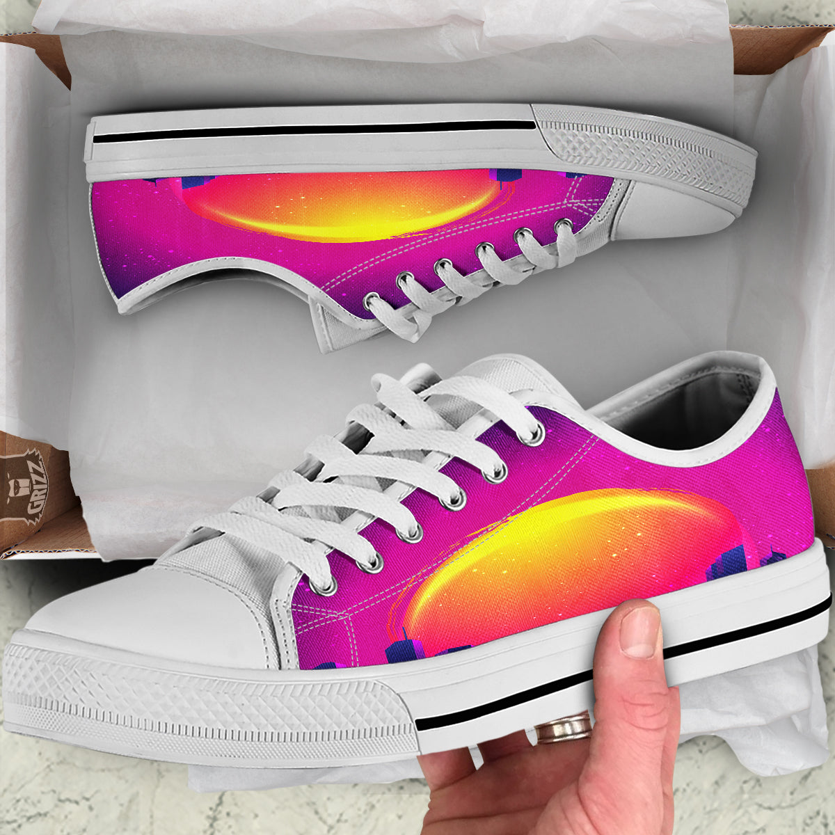 Retro City Sunrise Print White Low Top Shoes-grizzshop