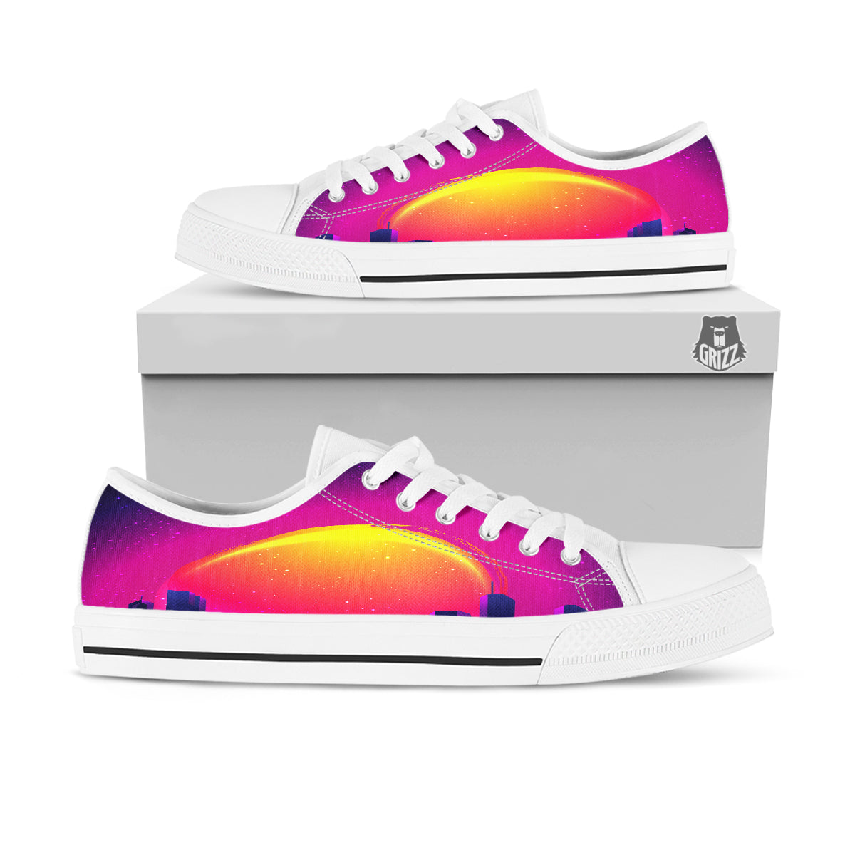 Retro City Sunrise Print White Low Top Shoes-grizzshop