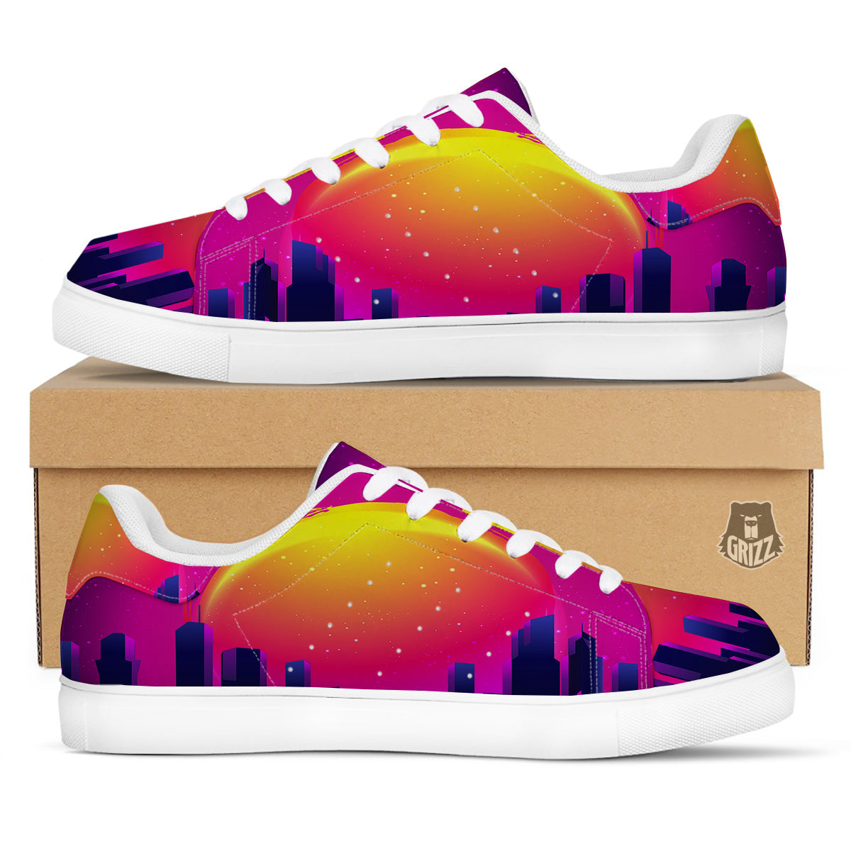 Retro City Sunrise Print White Low Top Sneakers-grizzshop