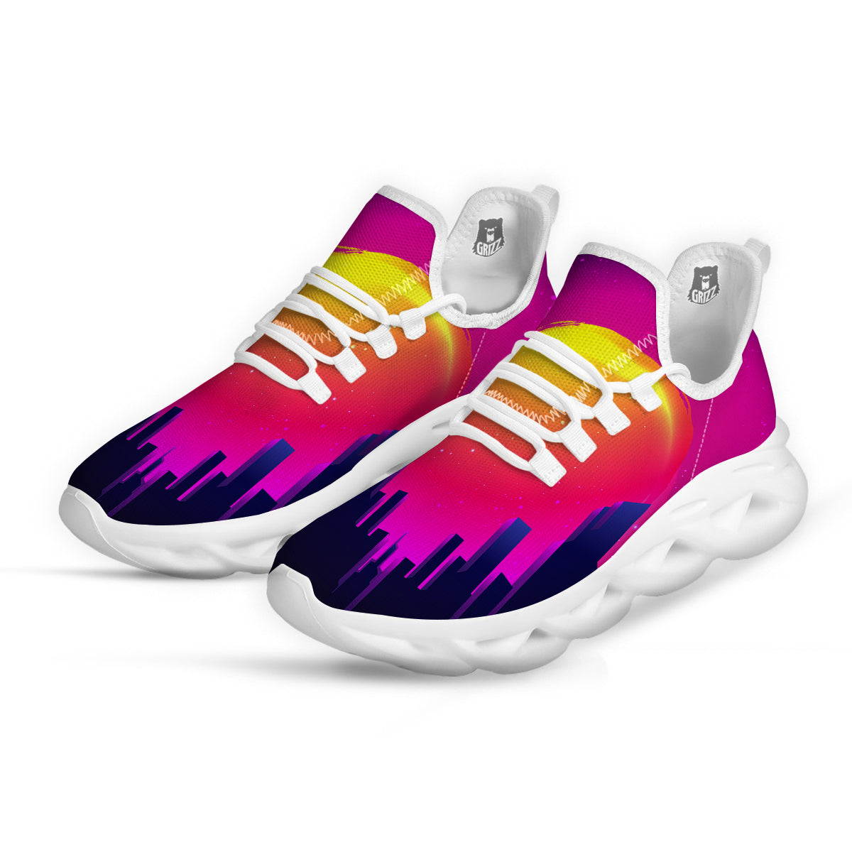 Retro City Sunrise Print White Running Shoes-grizzshop