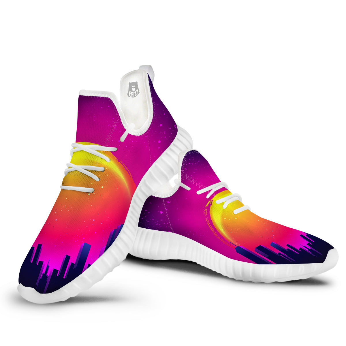 Retro City Sunrise Print White Walking Shoes-grizzshop