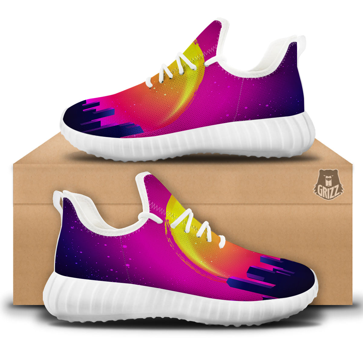 Retro City Sunrise Print White Walking Shoes-grizzshop