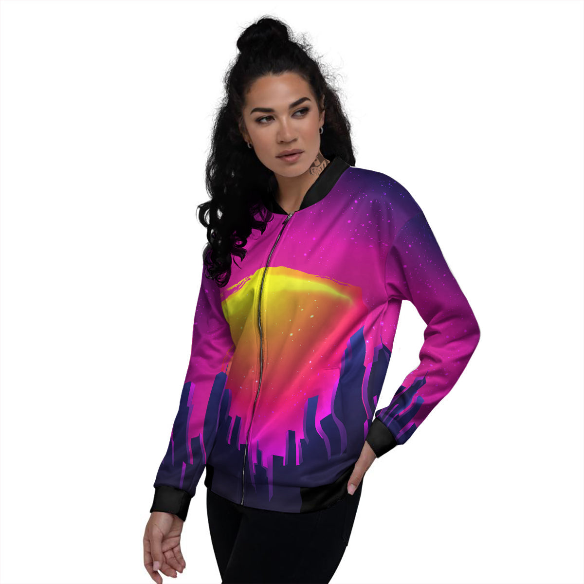 Retro City Sunrise Print Women's Bomber Jacket-grizzshop