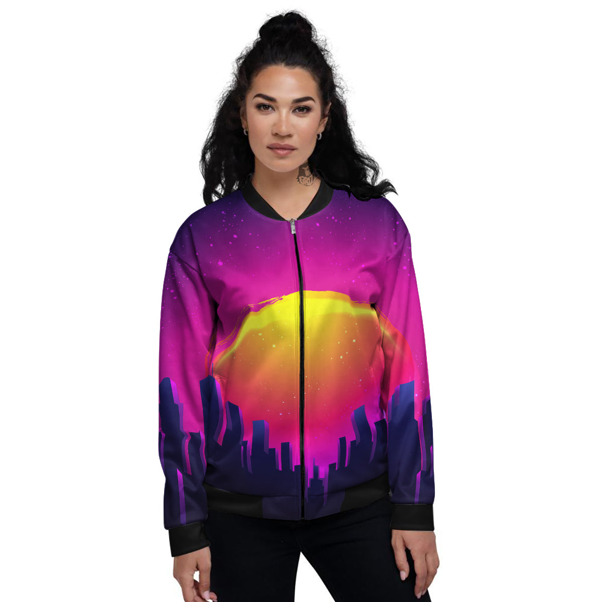Retro City Sunrise Print Women's Bomber Jacket-grizzshop