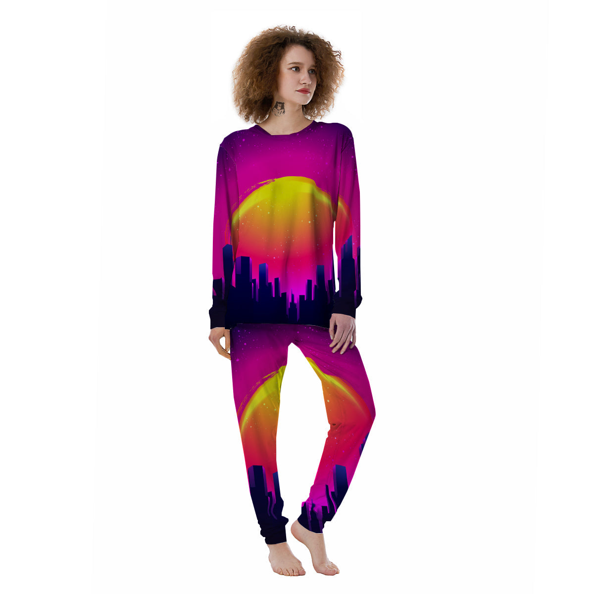 Retro City Sunrise Print Women's Pajamas-grizzshop