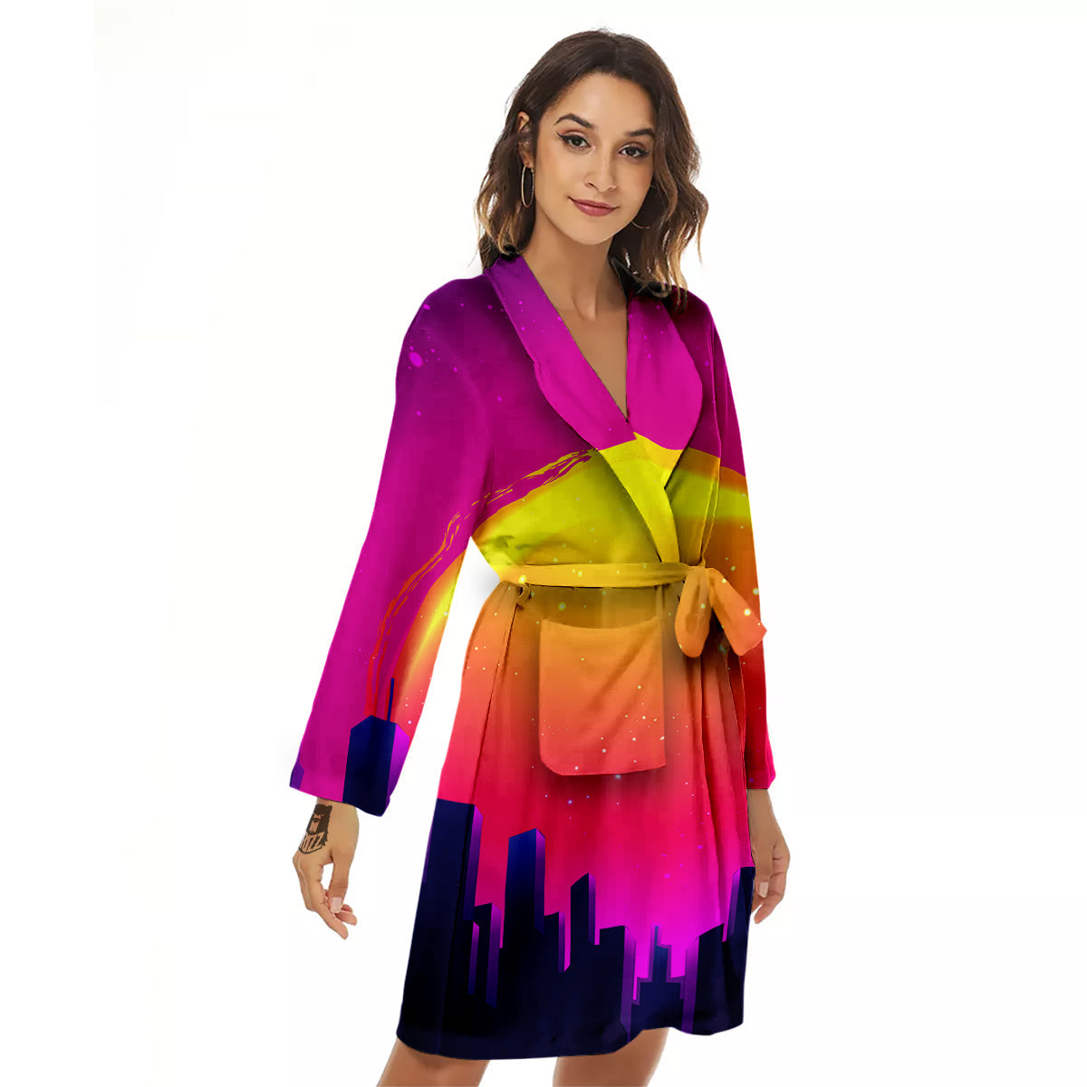 Retro City Sunrise Print Women's Robe-grizzshop