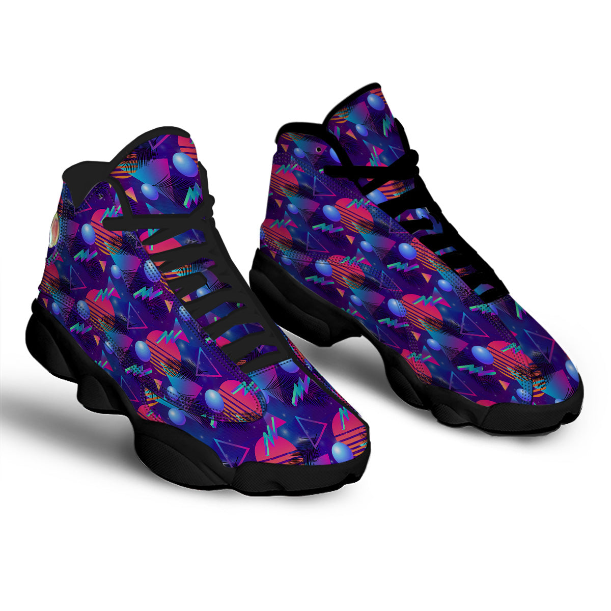 Retro Futuristic Neon Theme Print Pattern Black Basketball Shoes-grizzshop