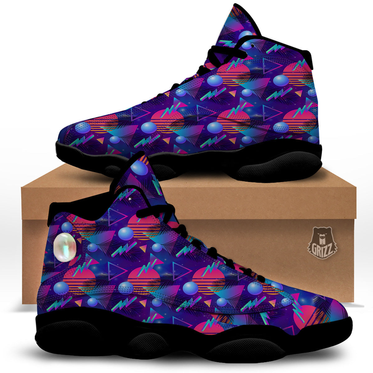 Retro Futuristic Neon Theme Print Pattern Black Basketball Shoes-grizzshop
