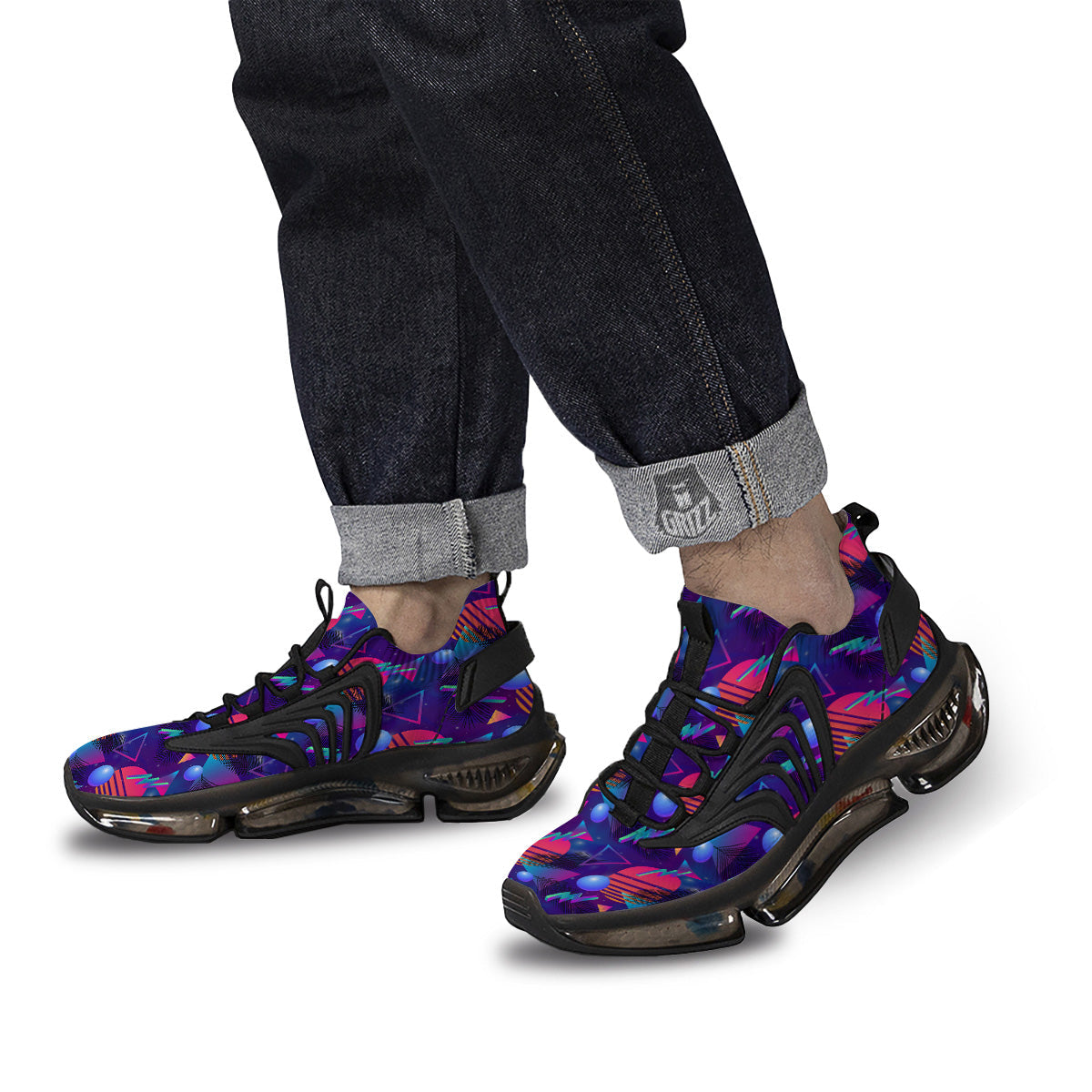 Retro Futuristic Neon Theme Print Pattern Black Gym Shoes-grizzshop