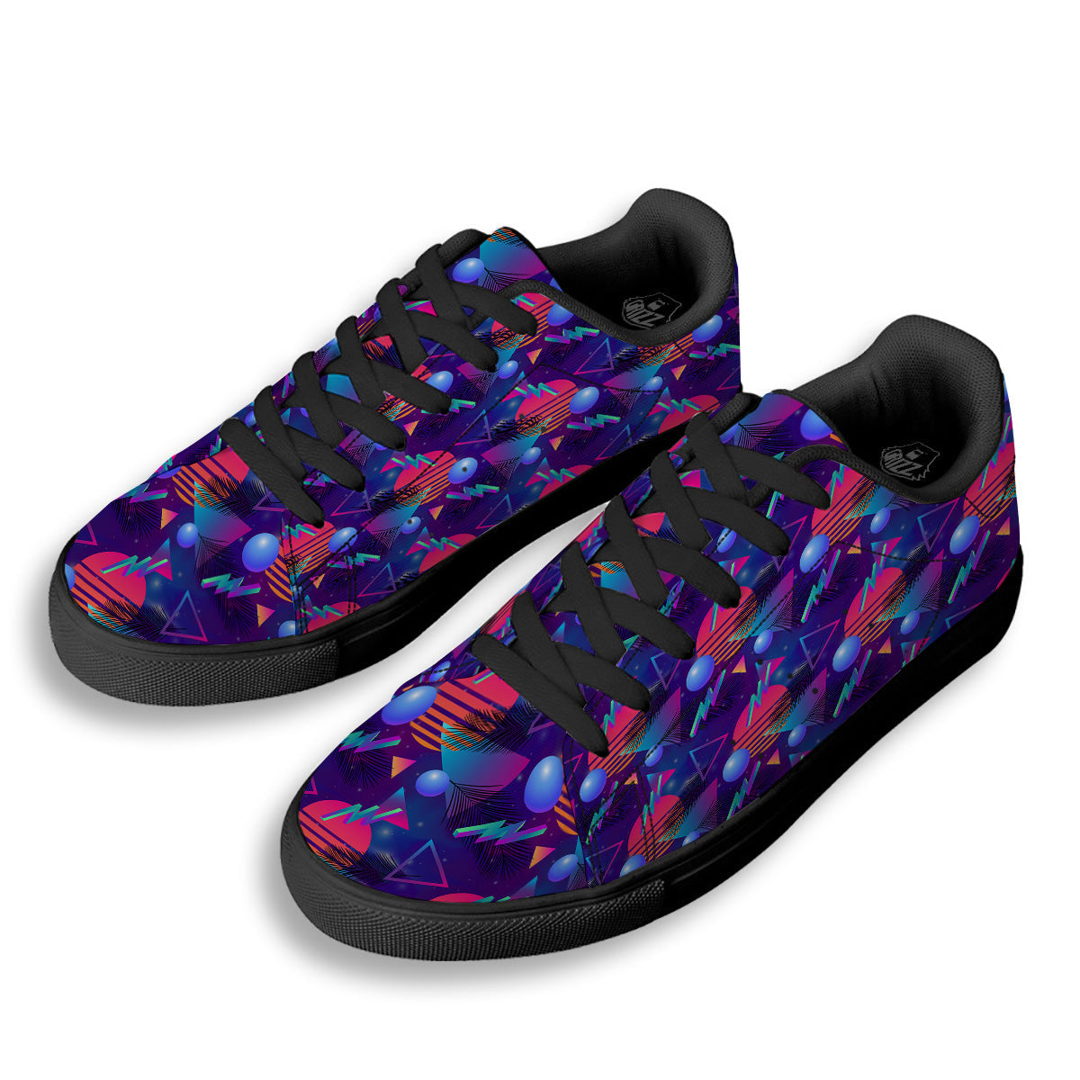 Retro Futuristic Neon Theme Print Pattern Black Low Top Sneakers-grizzshop