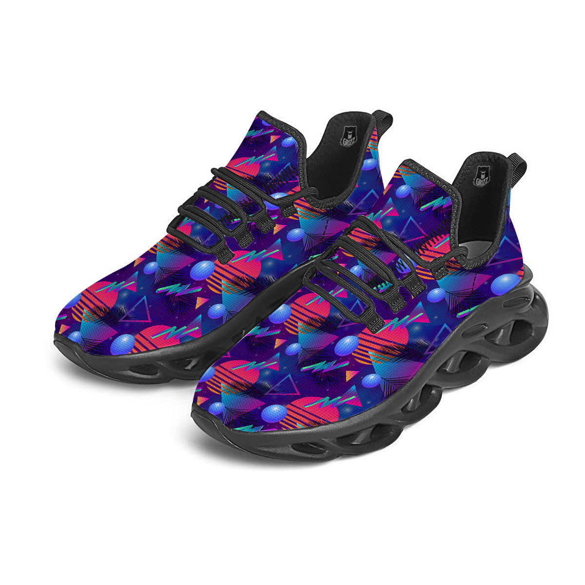 Retro Futuristic Neon Theme Print Pattern Black Running Shoes-grizzshop