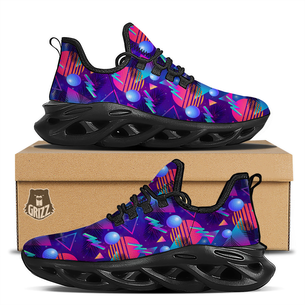 Retro Futuristic Neon Theme Print Pattern Black Running Shoes-grizzshop