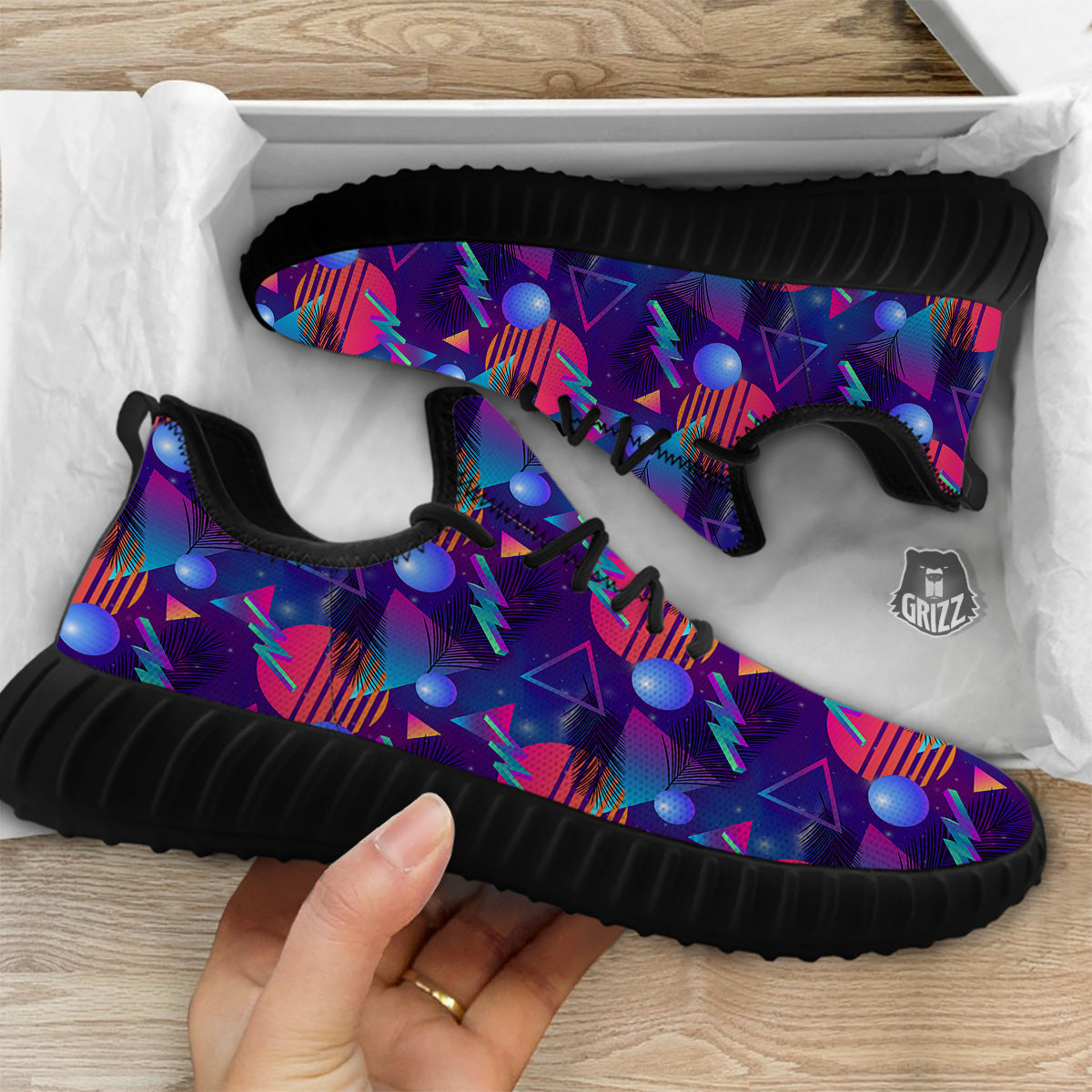 Retro Futuristic Neon Theme Print Pattern Black Walking Shoes-grizzshop