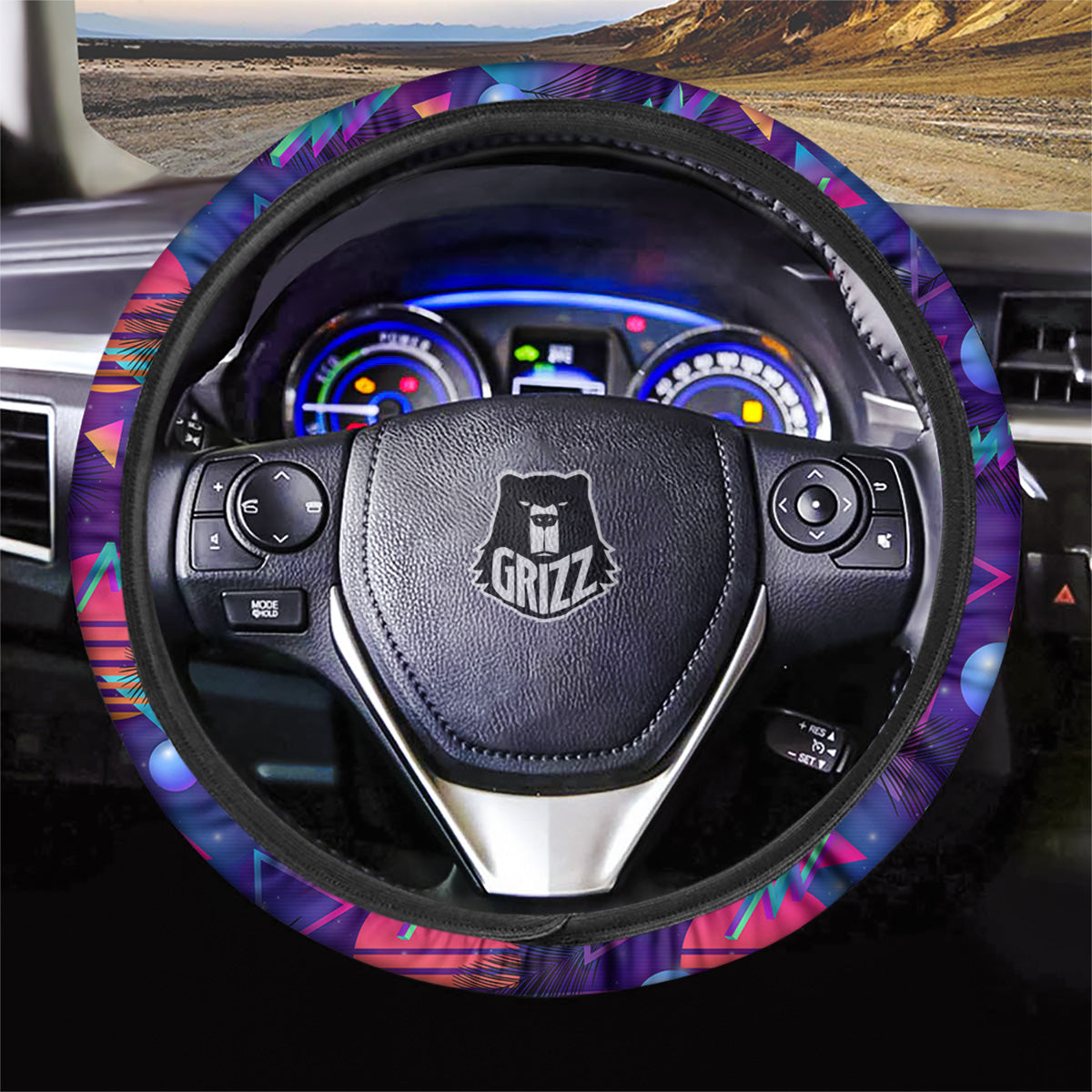 Retro Futuristic Neon Theme Print Pattern Car Steering Wheel Cover-grizzshop