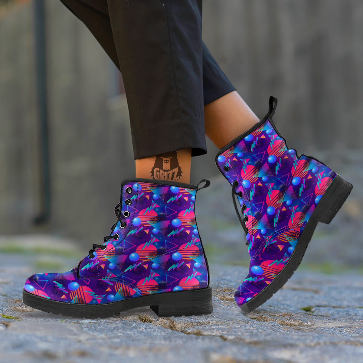 Retro Futuristic Neon Theme Print Pattern Leather Boots-grizzshop