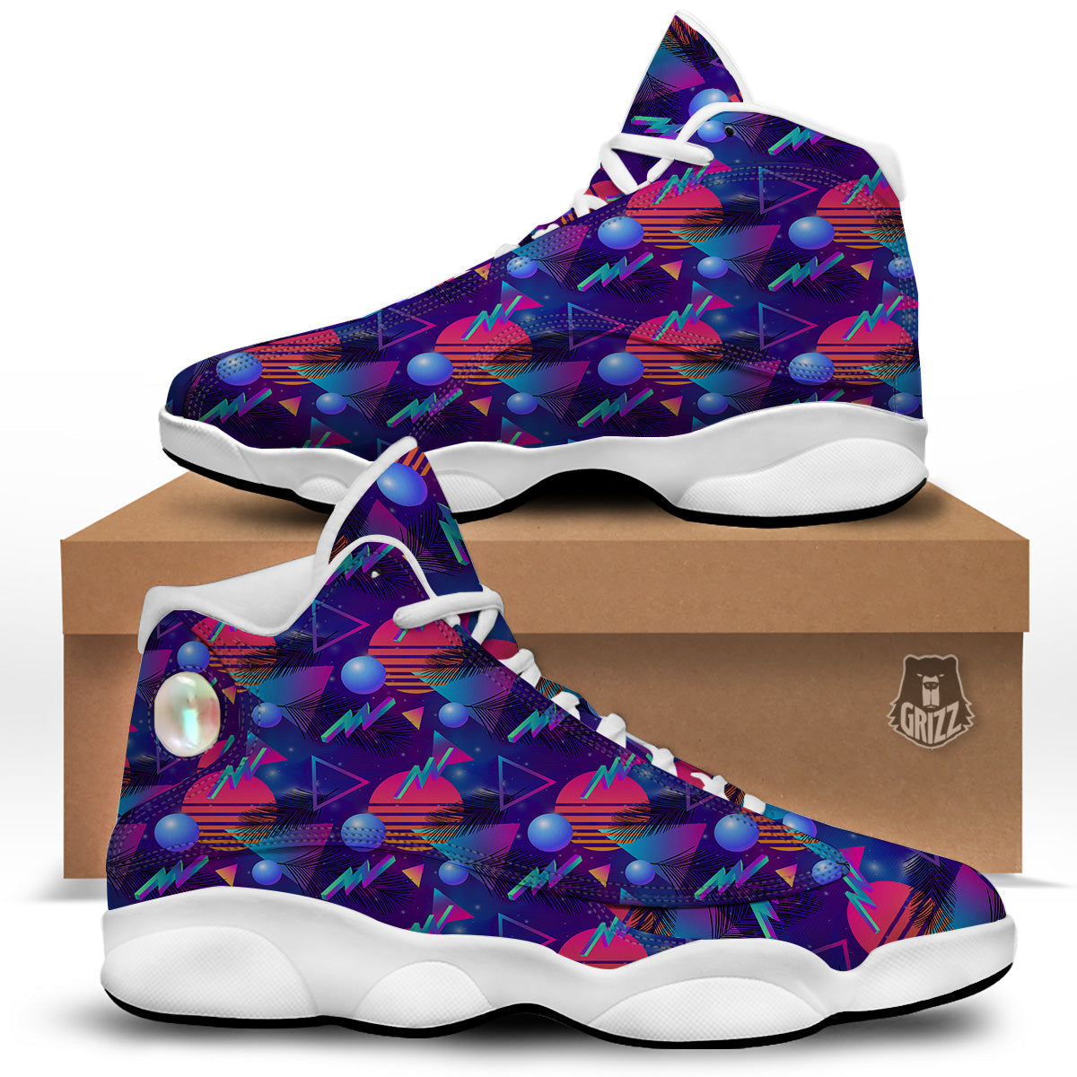 Retro Futuristic Neon Theme Print Pattern White Basketball Shoes-grizzshop