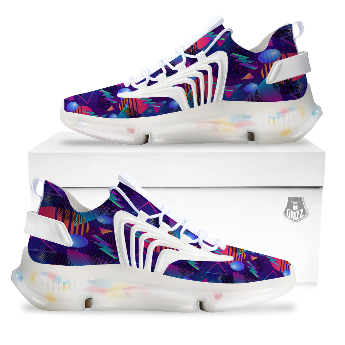 Retro Futuristic Neon Theme Print Pattern White Gym Shoes-grizzshop