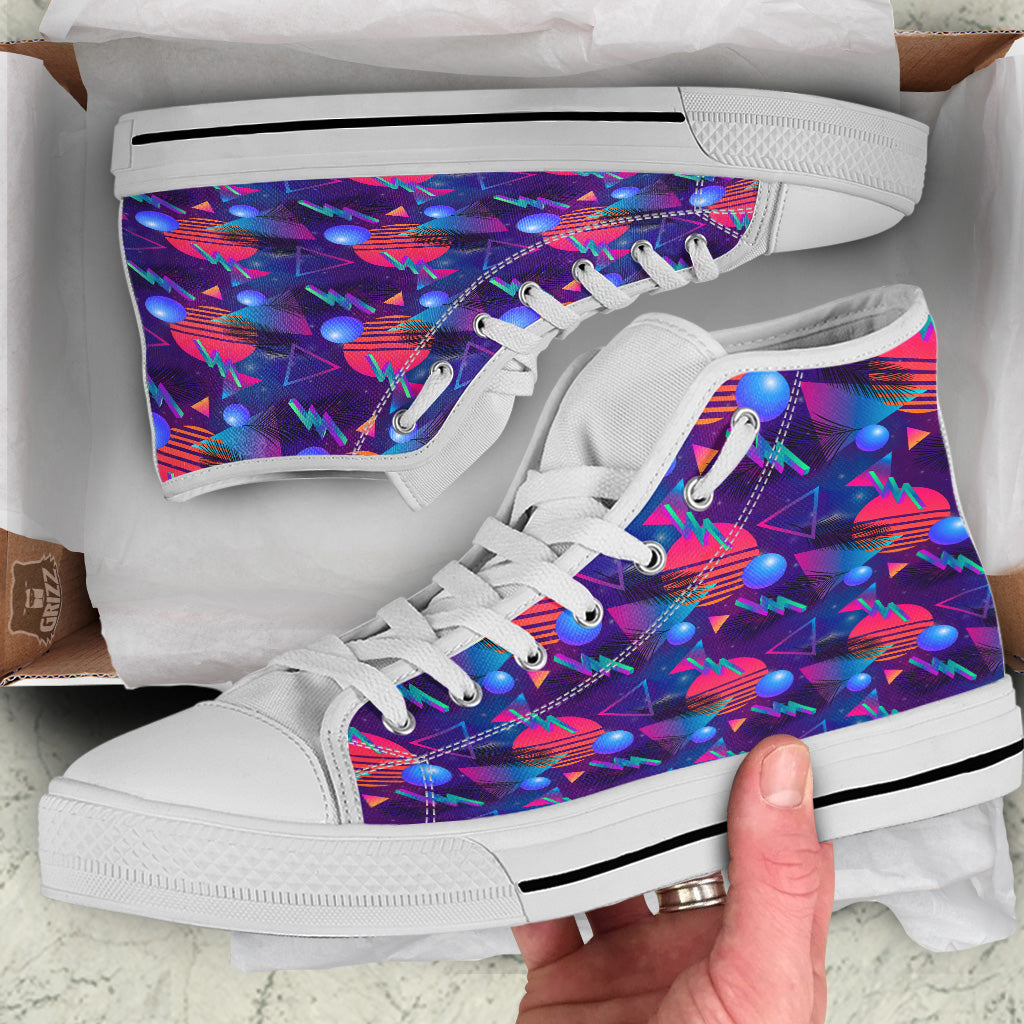 Retro Futuristic Neon Theme Print Pattern White High Top Shoes-grizzshop