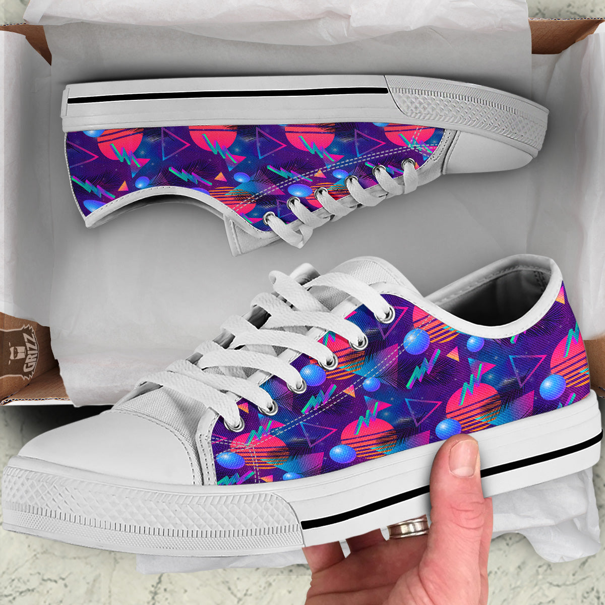 Retro Futuristic Neon Theme Print Pattern White Low Top Shoes-grizzshop
