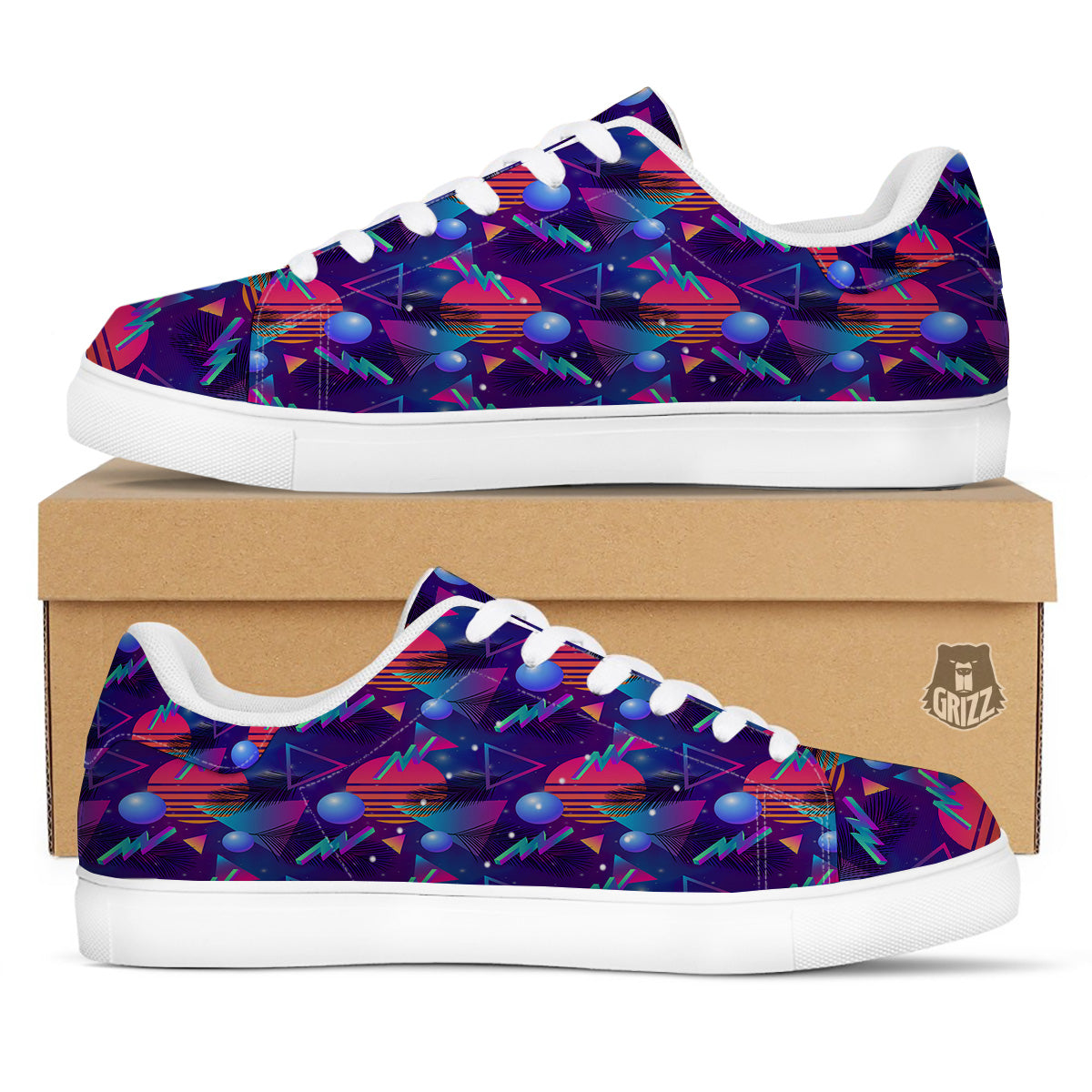 Retro Futuristic Neon Theme Print Pattern White Low Top Sneakers-grizzshop