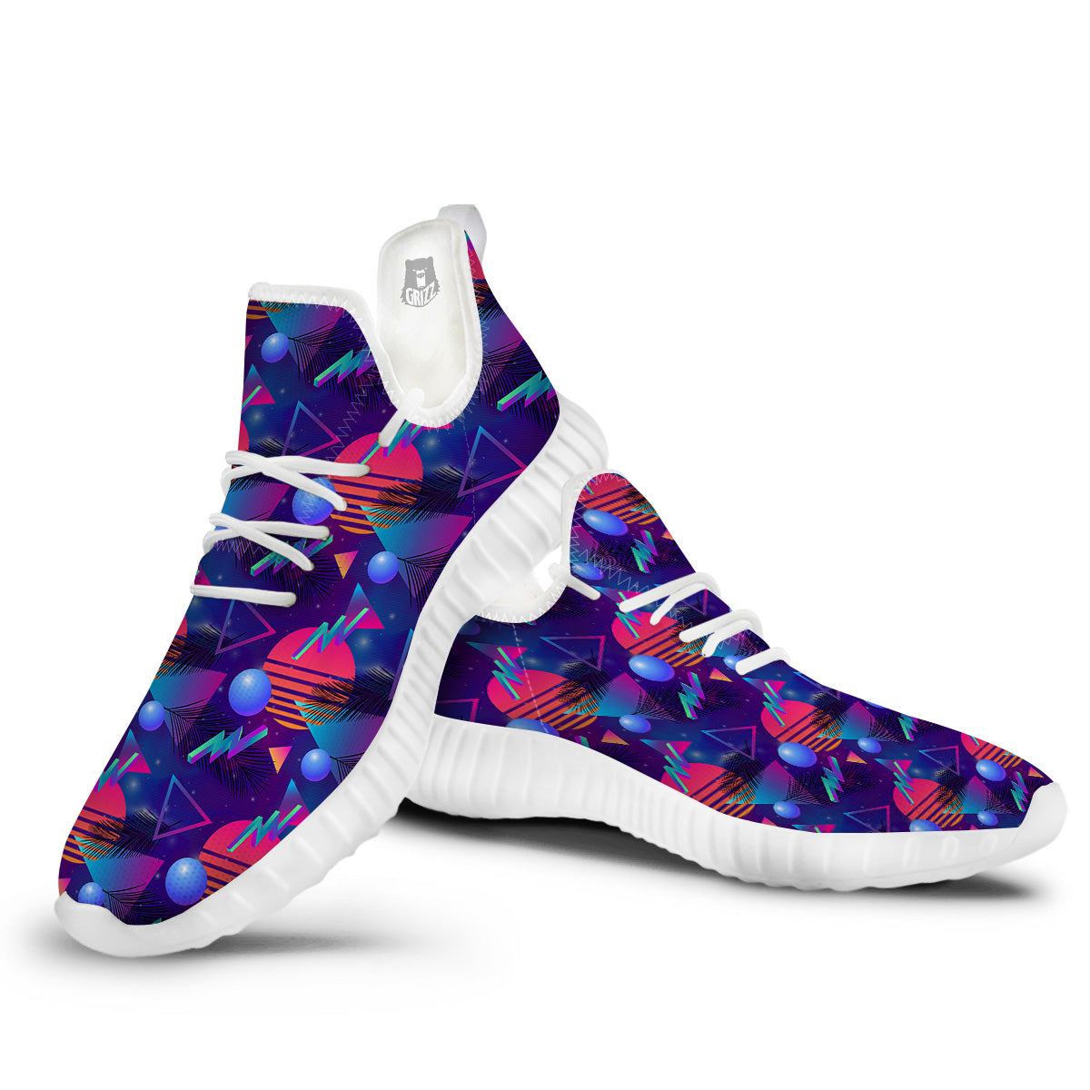 Retro Futuristic Neon Theme Print Pattern White Walking Shoes-grizzshop