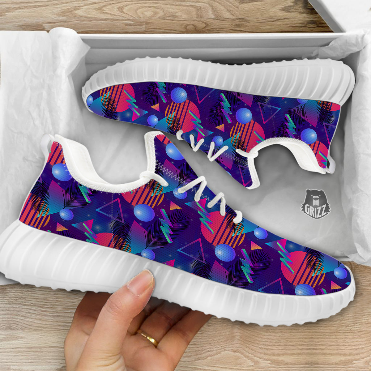 Retro Futuristic Neon Theme Print Pattern White Walking Shoes-grizzshop