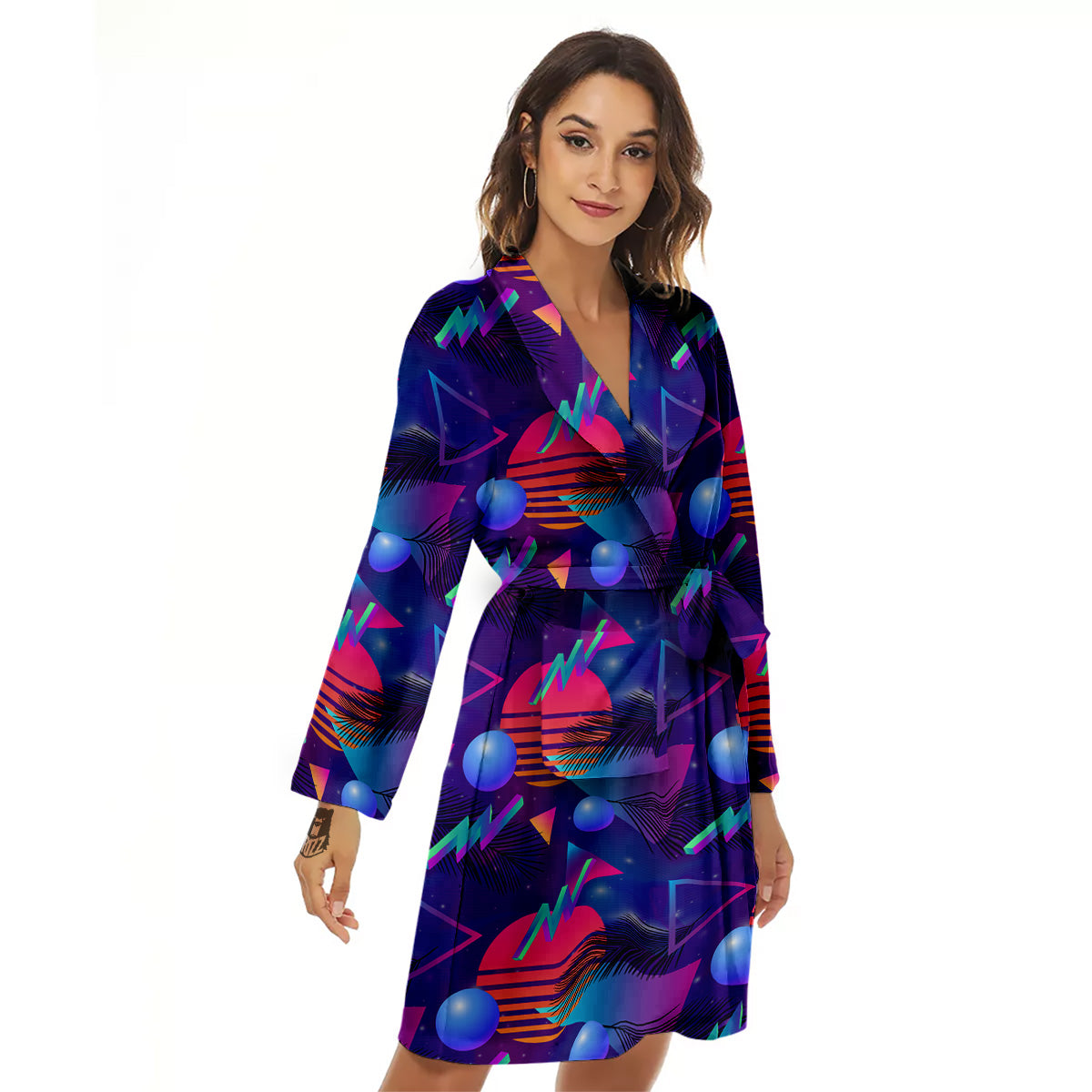 Retro Futuristic Neon Theme Print Pattern Women's Robe-grizzshop