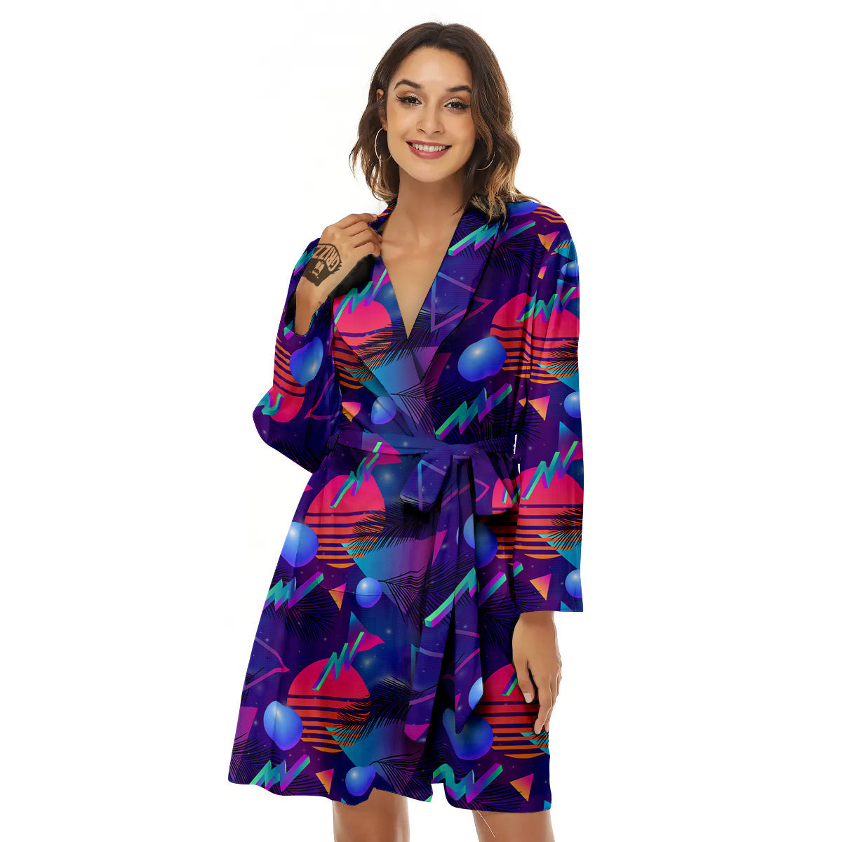Retro Futuristic Neon Theme Print Pattern Women's Robe-grizzshop