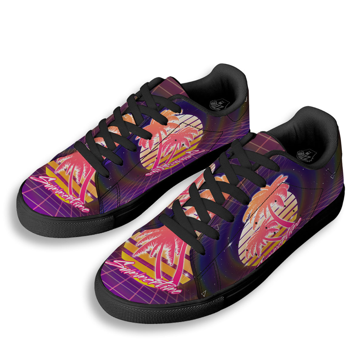 Retro Futuristic Palms Summer Time Print Black Low Top Sneakers-grizzshop