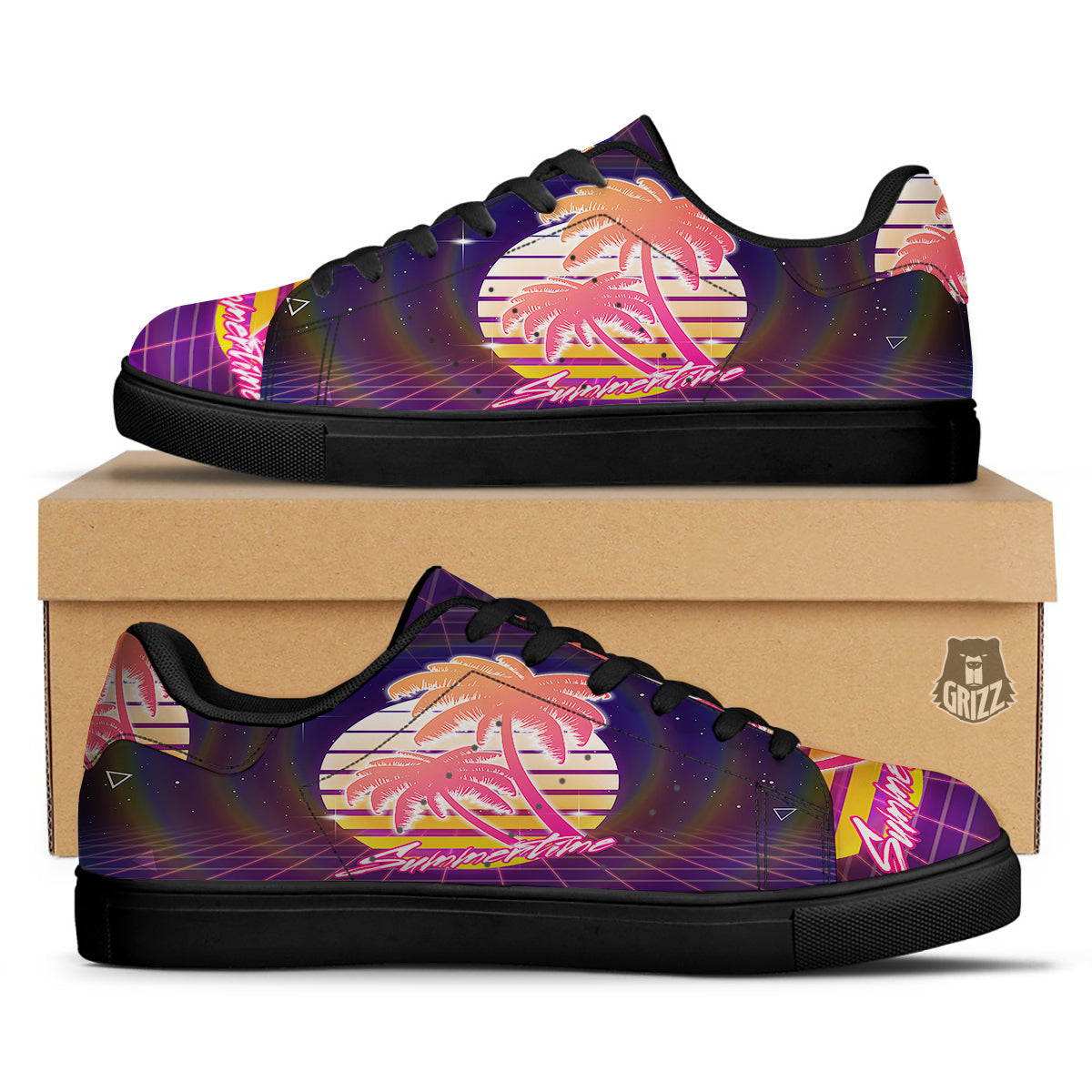 Retro Futuristic Palms Summer Time Print Black Low Top Sneakers-grizzshop