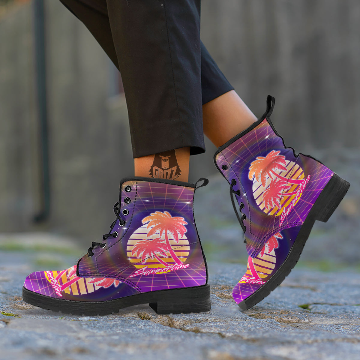 Retro Futuristic Palms Summer Time Print Leather Boots-grizzshop