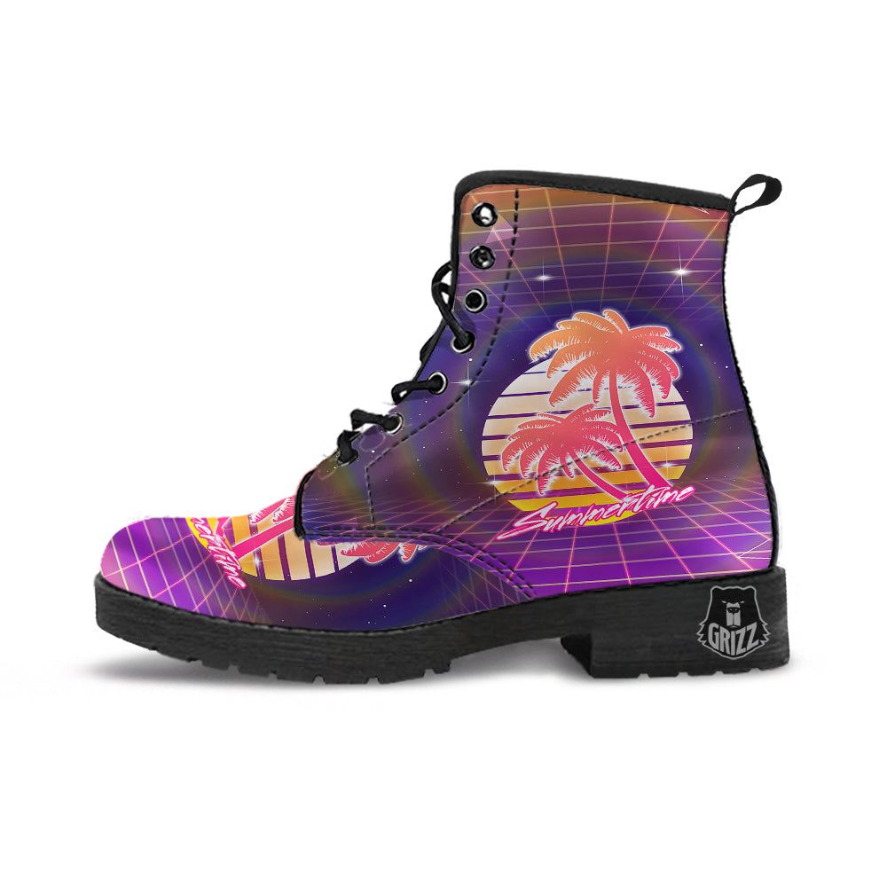 Retro Futuristic Palms Summer Time Print Leather Boots-grizzshop