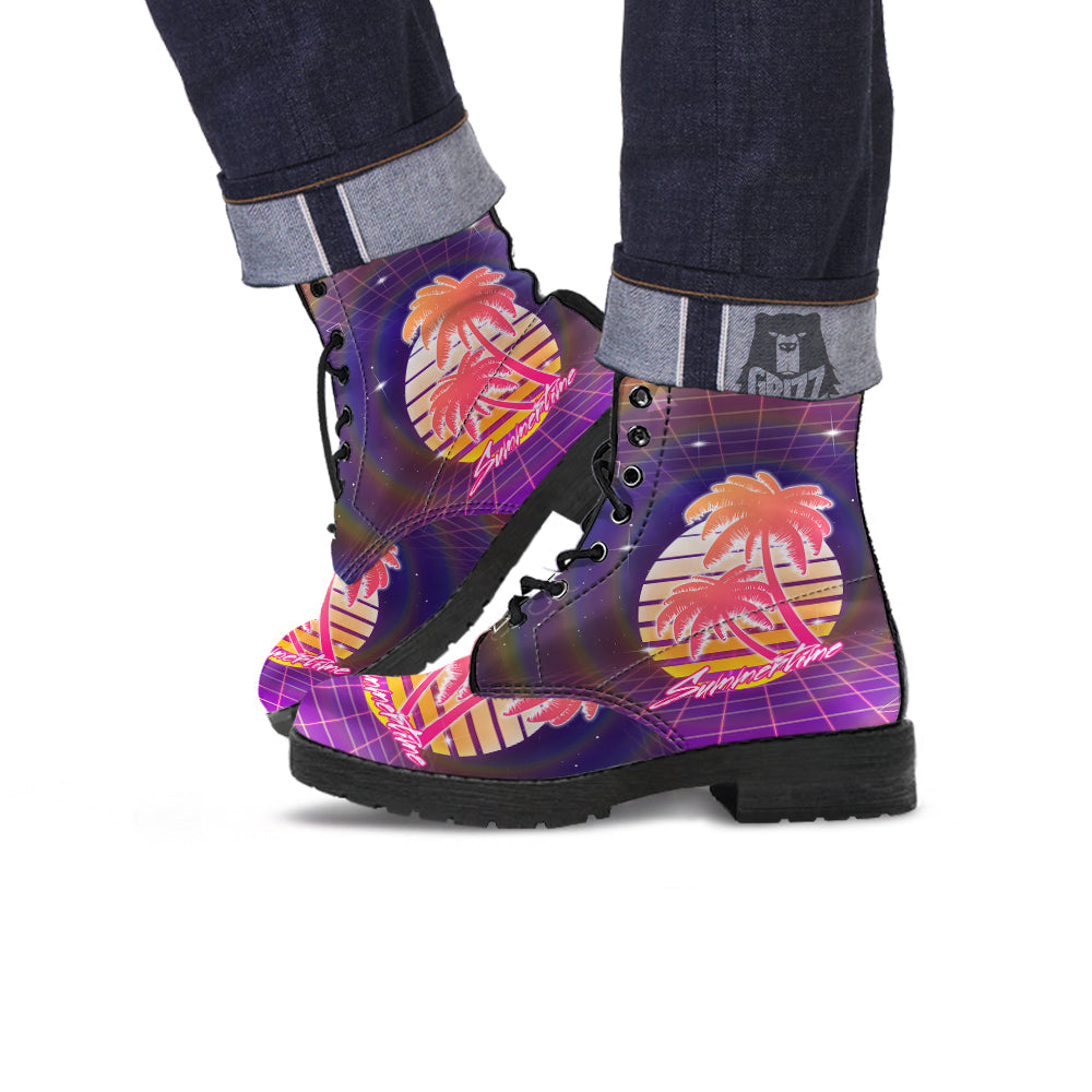 Retro Futuristic Palms Summer Time Print Leather Boots-grizzshop