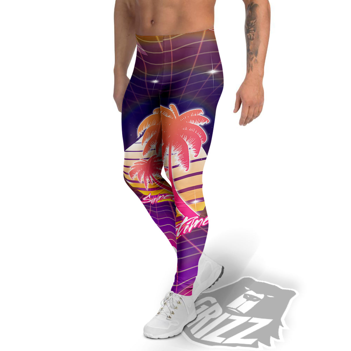 Retro Futuristic Palms Summer Time Print Men's Leggings-grizzshop