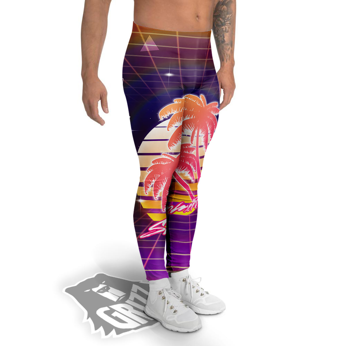 Retro Futuristic Palms Summer Time Print Men's Leggings-grizzshop