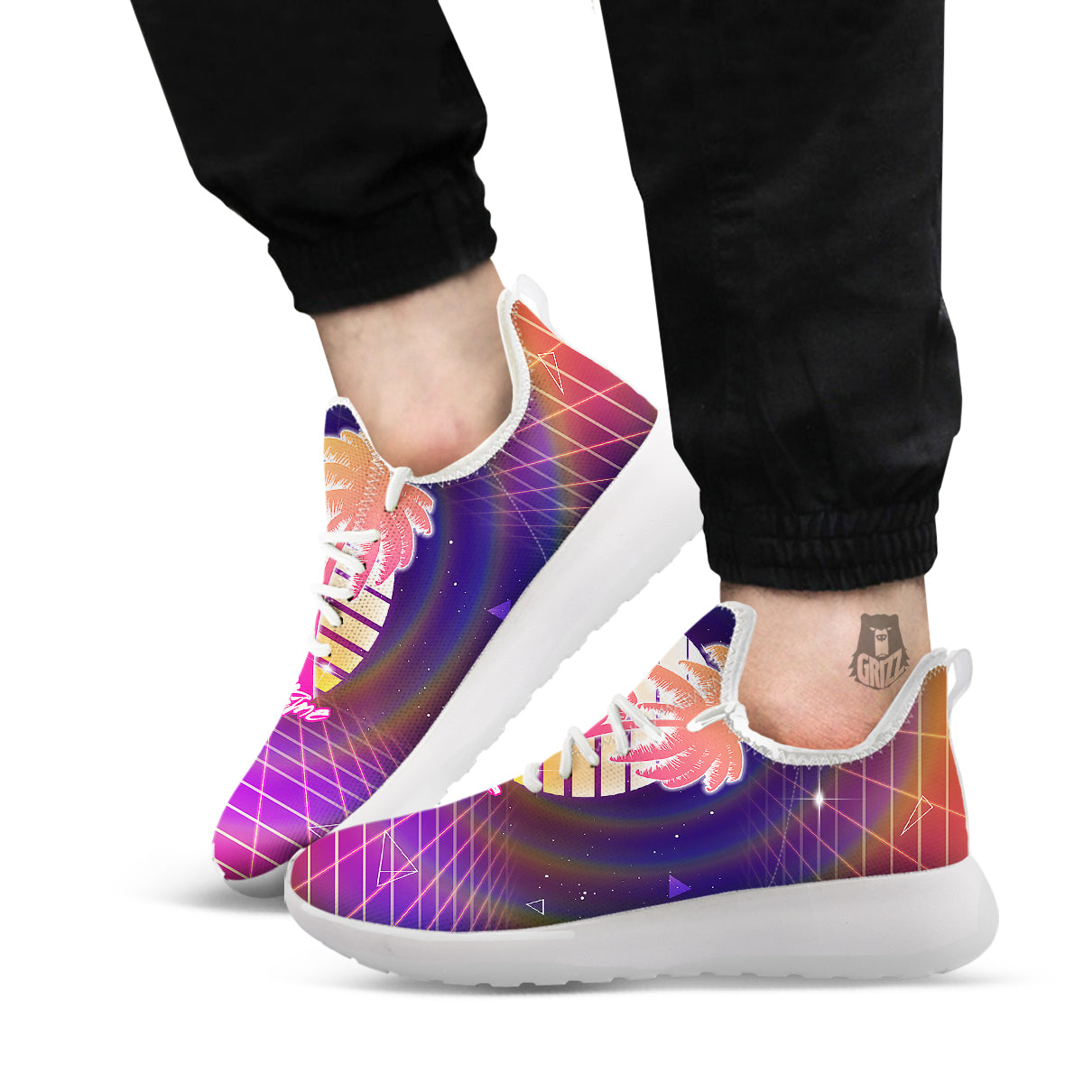Retro Futuristic Palms Summer Time Print White Athletic Shoes-grizzshop