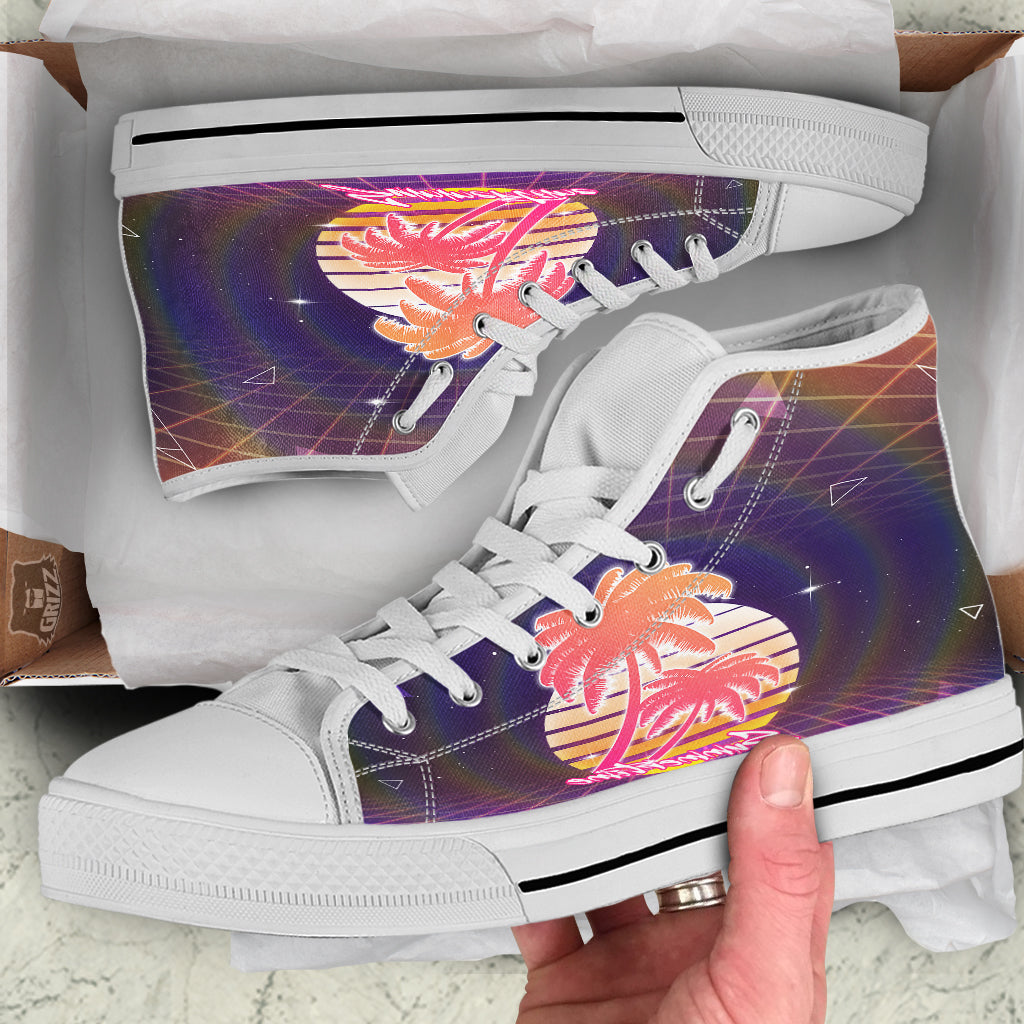 Retro Futuristic Palms Summer Time Print White High Top Shoes-grizzshop