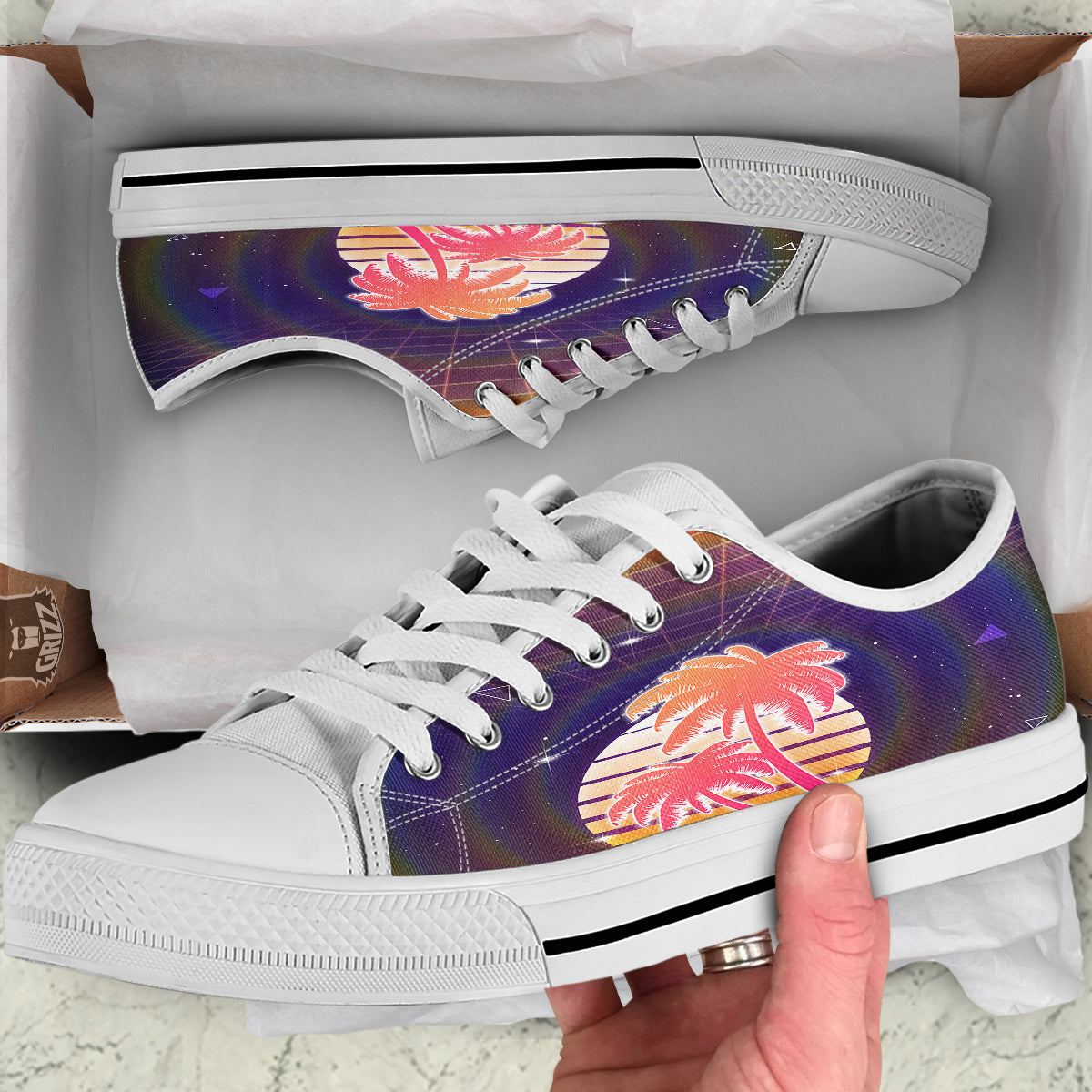 Retro Futuristic Palms Summer Time Print White Low Top Shoes-grizzshop